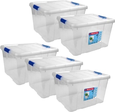 Hega Hogar Opbergbox - Set van 5x stuks - met deksel - 42 x 35 x 25 cm - 25 Liter - Opbergbakken - Transparant