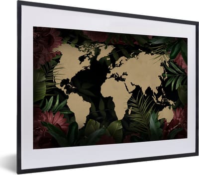 Poster in lijst - Fotolijst 60x40 cm - Posters - Wereldkaart - Bruin - Tropische planten - Posterlijst zwart - Decoratie - Wanddecoratie woonkamer - Muurdecoratie slaapkamer