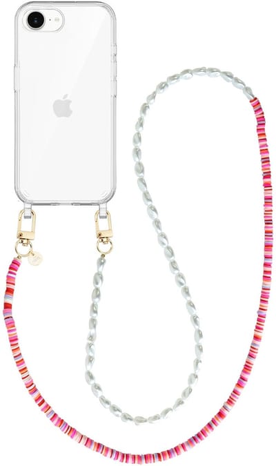 xoxo Wildhearts siliconen hoesje - Geschikt voor iPhone 17e hoesje - Island Girl - Telefoonhoesje - Hoesje met koord - Lange parelketting / kralenketting - lang telefoonkoord - Transparant hoesje (lange variant)