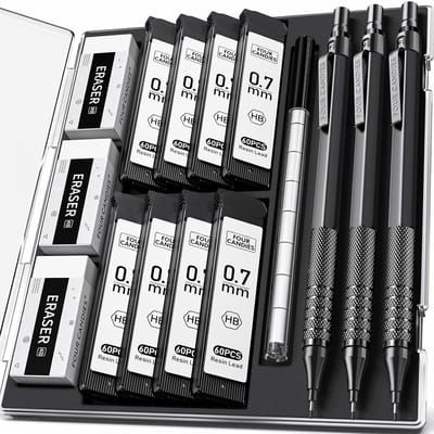 PromoHome 0,7 mm vulpotloodset met etui - Complete kunstenaarspotlood set met 480 HB vullingen, gummetjes en accessoires voor professioneel tekenen en schrijven - Zwarte metalen potloodset