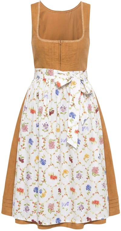 Ulla Popken - Dames - Dirndl van linnenmix biezen bloemen carree hals - Goudbruin - Maat 44