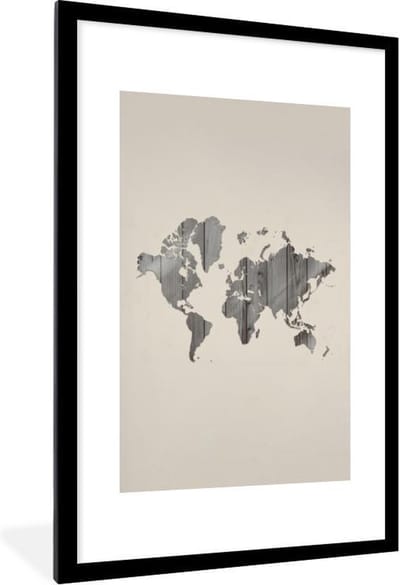 Poster in lijst - Fotolijst 60x90 cm - Posters - Wereldkaart - Houten plank - Grijs - Posterlijst zwart - Decoratie - Wanddecoratie woonkamer - Muurdecoratie slaapkamer