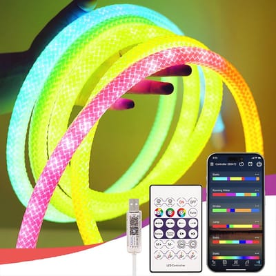 Neon LED Strip 3m met Individueel Adresserbare LEDs - 50 LEDs/M - 360° Ronde - 5V - IP65 Waterdicht - Flexibel voor Feesten en Decoratie
