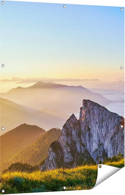 Gards Tuinposter Zonsopkomst in de Bergen in de Alpen - 90x120 cm - Tuindoek - Tuindecoratie - Wanddecoratie buiten - Tuinschilderij