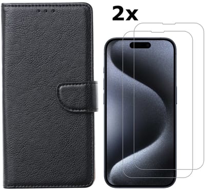 Hoesje Geschikt voor iPhone 15 Pro hoesje bookcase met 2x screenprotector – Zwart