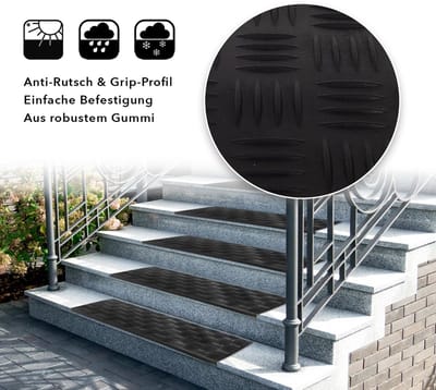 FLOORDIREKT Rubber Trapmat Madras - 25 x 75 cm - Zwart - 1 Stuk - Zelfklevend - Weerbestendige & Antislip - Traptrede Matten - Voor Buiten - Antislip Matten