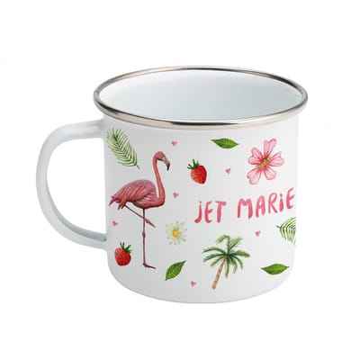 World of Mies emaille mok met naam - Baby luipaard papegaai flamingo - Gepersonaliseerde drinkbeker - kraamcadeau - Dieren in aquarel - Geschilderd door Mies