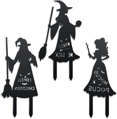 Heksen Tuinstekers - Halloween Decoratie Metaal - Tuin Aankleden - Hocus Pocus Tekst - Tot 20 cm breed - Zwart