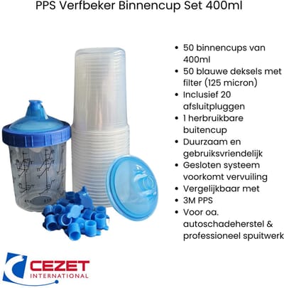 PPS Verfbeker Binnencup Set 400ml – 50 Cups + 50 Blauwe Deksel + 20 Plugs + Buitencup – 125 Micron – Duurzaam – Vergelijkbaar met 3M – Autoschadeherstel
