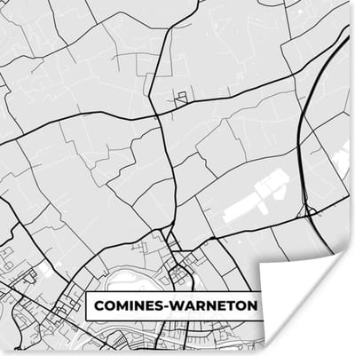 Poster België – Comines Warneton – Stadskaart – Kaart – Zwart Wit – Plattegrond - 100x100 cm XXL