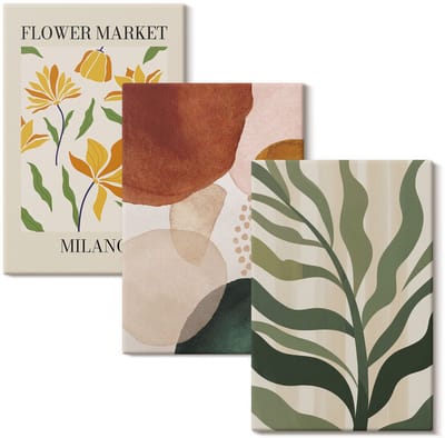 Wallfluent Set van canvas schilderijen - Bloemmotieven met abstracte vormen en bladeren Canvas Schilderijen Set - set 3 stuks 20x30 cm - Beige Set van Canvas Prints - Natuur Canvas Kunst Set - Boheemse Canvas Kunst Set