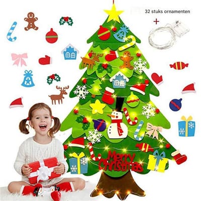 QTTVBTNA - Vilt Kerstboom - DIY Decoratie - Kinderen Creatief Spel - Wanddecoratie - 32 Afneembare Versieringen - Creative Christmas Crafts - Groen - 3m Lampjes - 1 Set