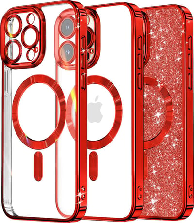 Hoesje geschikt voor Apple iPhone 15 Pro Max - Techsuit Luxury Glitter Back Cover - Geschikt voor MagSafe - Rood