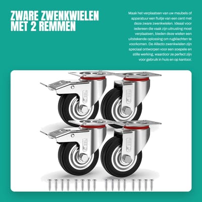 Dailygoods- Zwenkwielen 75 mm - Zwenkwielen met 2 remmen - Zwenkwielen set van 4 - Zwenkwielen voor meubels - Rubber wielen - Geschikt voor alle vloertypes - Trolleywielen