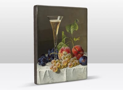 Stilleven met een champagnefluit - Emilie Preyer - 19,5 x 26 cm - Niet van echt te onderscheiden schilderijtje op hout - Mooier dan een print op canvas - Laqueprint.