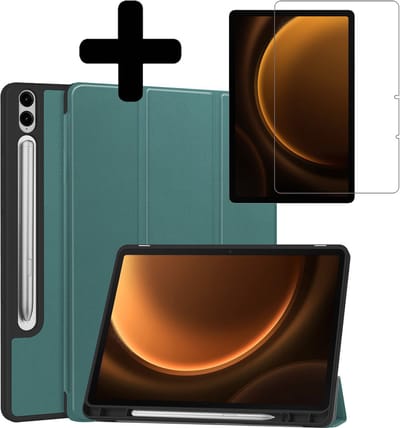 Hoes - Geschikt voor Samsung Galaxy Tab S9 FE Plus - Met Screenprotector - Trifold Bookcase - Hard Cover Case - Met Uitsparing Geschikt voor S Pen - Hardcover Book - Tablet Hoesje - Donkergroen