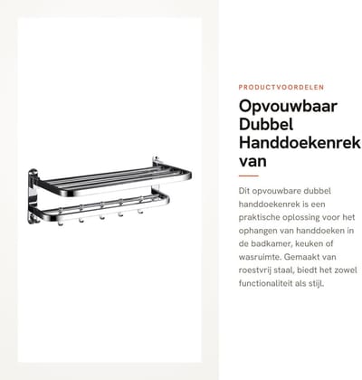 Dailygoods- Handdoekenrek Dubbel Roestvrij Staal - Opvouwbaar - Krachtige Lijm - Wandmontage Zonder Gaten - Badkameraccessoire - Ruimtebesparend - Handdoekhouder