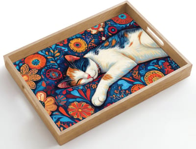 Dienblad hout 50x35 cm - Schootdienblad - Kat - Bloemenpatroon - Blauw - Oranje - Borrelplank rechthoek - Plateau dienbladen