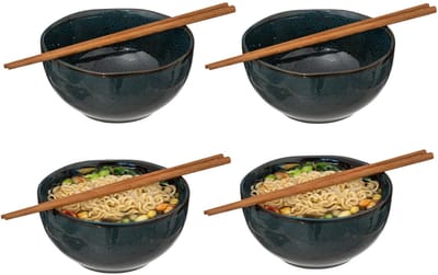 Secret de Gourmet Pokebowl/noedels servies - 4x stuks kommetjes met chopsticks - kunststeen - jade groen - D15 x H7 cm