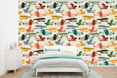 Behang - Fotobehang Patronen - Vliegtuig - Retro - Jongens - Kinderen - Kids - Jongetje - Breedte 345 cm x hoogte 220 cm