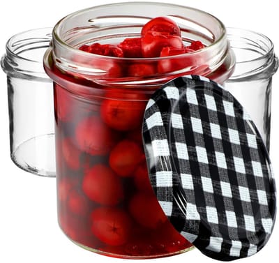 KADAX jampotten, 350 ml, diameter 82 mm, inmaakpotten met schroefdeksel, honingpotten, voorraadpotten voor paddenstoelen, jam, honing (10 stuks, zwart geruit)