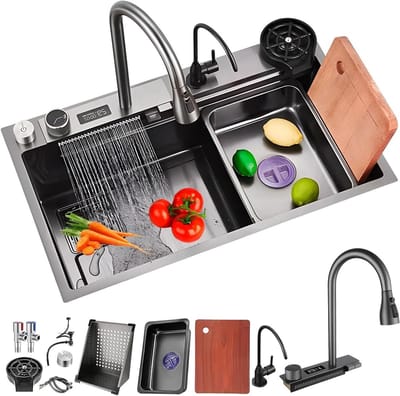 Zwarte Spoelbak - Keuken Gootsteen - Keuken Werk - Waterval Kraan - 80x46 cm - Zwart