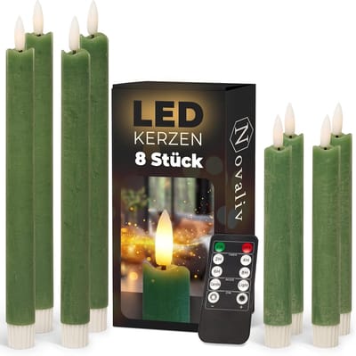 Voordeelset LED-kaarsen met timer klein + groot groen 8 stuks groen voor binnen - 6 uur - ECHTE WAS 18 cm + 23 cm hoogte voor kaarsen 2,2 cm diameter 2 AAA-batterijen vereist LED-kaarsen flikkerende vlam
