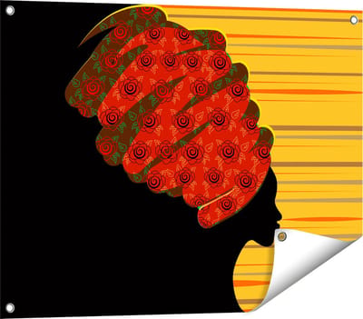 Gards Tuinposter Afrikaanse Vrouw met Bloemen Tulband - Abstract - 80x60 cm - Tuindoek - Tuindecoratie - Wanddecoratie buiten - Tuinschilderij