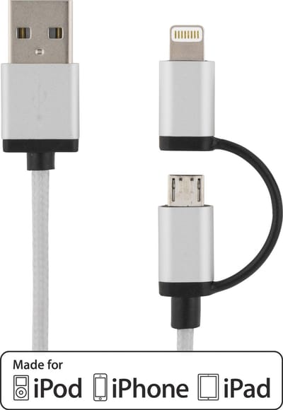Deltaco IPLH-249 USB-Lightning Micro-USB combikabel MFI 2 m. Zilver