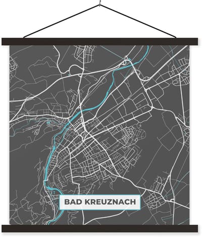 Posterhanger incl. Poster 60x60 cm - Schoolplaat - Bad Kreuznach – Stadskaart – Blauw – Plattegrond – Stadskaart – Kaart - Duitsland - Textielposter - Zwarte latten - Stadskaart