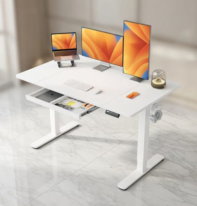 Elektrisch Zit-Sta Bureau 140x80 cm met Lade en Geheugenfunctie – In Hoogte Verstelbaar Bureau met Stil Motorsysteem en T-Poot Stabiliteit – Ergonomisch Thuiswerk Bureau Wit | Mobili Bella