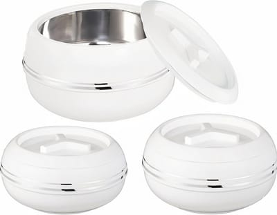 Kajal Palazio Braadpannenset van 3 (2500, 3200, 5500 ml) met roestvrijstalen binnenpan, BPA-vrij polypropyleen, plastic deksel met veiligheidsopening, geïsoleerd voor warme/koude gerechten met Kajal Sticker