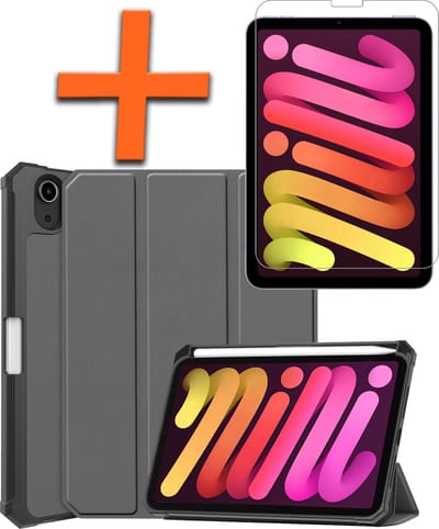 Hoesje - Geschikt voor Apple iPad Mini 6 (2021) - 8.3 inch - 6e Generatie - Met Screenprotector - Trifold Bookcase - Hard Cover Case - Met Uitsparing Geschikt voor Apple Pencil - Hardcover Book - Tablet Hoes - Grijs