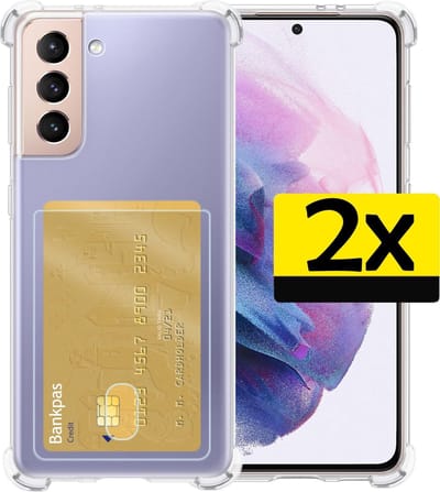 Hoesje - 2 Stuks - Geschikt voor Samsung Galaxy S21 - Met Pashouder en Kaarthouder - Telefoon Hoes Shockproof - Siliconen Case - Back Cover - Shock Proof - Pasjes Houder - Telefoonhoesjes - Transparant