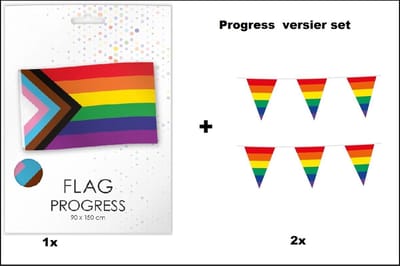 Vlag LGBT 90cm x 150cm + 2x Regenboog vlaggenlijn - Progress versierset - Rainbow thema feest Party versiering