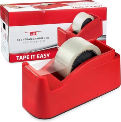 XXL eenhands plakbanddispenser - extra zwaar voor 50 mm band - pakketbanddispenser met penhouder - antislip - rood plakbandhouder