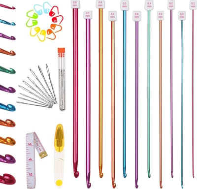 Tunisian Haaknaalden Set van 11 Stuks van Aluminium, 2-8 mm, Ideaal voor Tapijten, Dekens en Beginners, 27 cm Lang met Accessoires