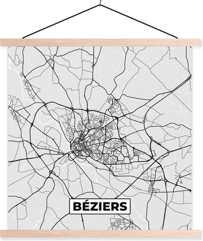 Posterhanger incl. Poster 40x40 cm - Schoolplaat - Béziers - Plattegrond - Frankrijk - Kaart - Stadskaart - Textielposter - Blanke latten - Stadskaart