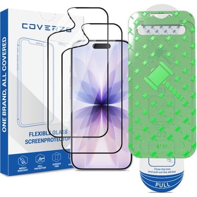 Coverzs Flexibel PMMA Glass Screenprotector met frame (2-pack) geschikt voor iPhone 17 – Flexibel Glas – Beschermfolie met Montageframe – Krasbestendige Schermbescherming