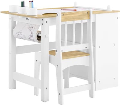 SoBuy KMB60-WN Kindertafel met Stoel, 2-delige set, tafel en stoel voor kinderen, bureau met 2 planken, papierhouders en opbergvakken, wit/Natuurel, 80 x 50 x 66 cm