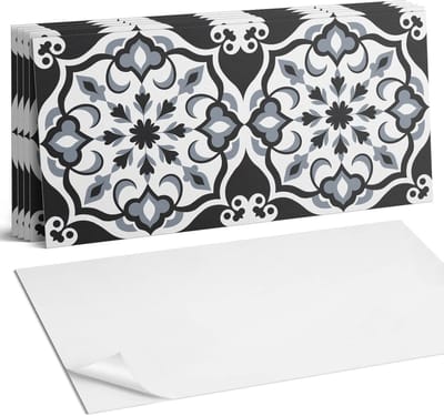 Coloray Plaktegels - Bloemenpatroon met ornamenten Wandtegel Zelfklevend - 60 cm x 30 cm - Zwart Plaktegels - 6 stuks - Rechthoek PVC Tegels - Plaktegels Keuken - Zelfklevende Vloertegels Badkamer - Vinyl Tegels - Zelfklevende Wandtegels