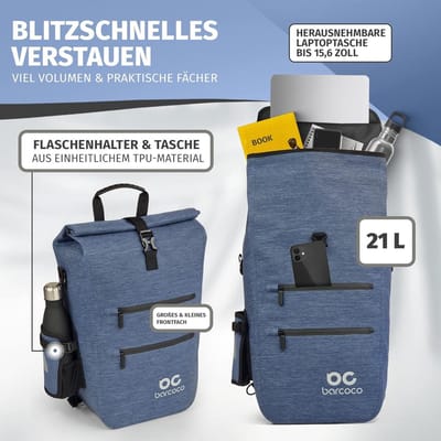 Fietstas voor bagagedrager 100% waterdicht met laptopvak voor laptop tot 156 inch - Jeans-Blauw - Rugzak en schoudertas - Bagagetas voor fiets