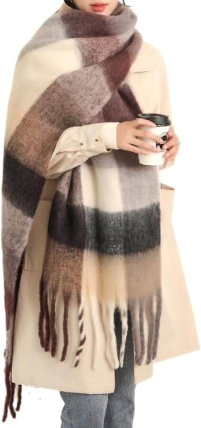 Dames Sjaal - Wintersjaal - Dikke Winter Sjaal - Warm en Gezellig - Gebreid - Extra Dikke Geruite Sjaal - Lang - Groot - Bruine Geruite Sjaal - Color Block - Off-White Geruit - Pluche - Dames Nekwarmer - Dames Sjaal - 240 cm