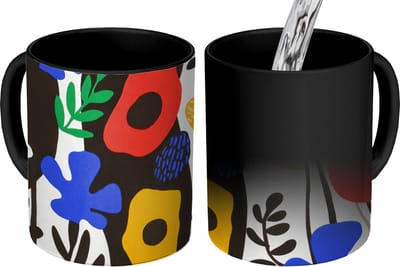 Magische Mok - Foto op Warmte Mokken - Koffiemok - Bloemen - Bladeren - Abstract - Zwart - Magic Mok - Beker - 350 ML - Theemok