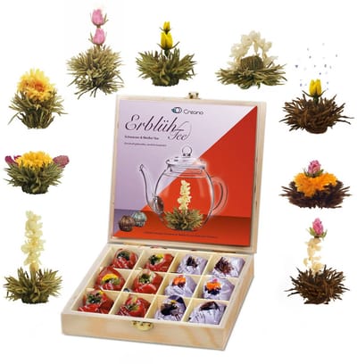 Creano theebloemen cadeauset in houten theekist 12 bloementhee in 9 soorten witte thee & zwarte thee, cadeau voor vrouwen, moeder, theeliefhebbers