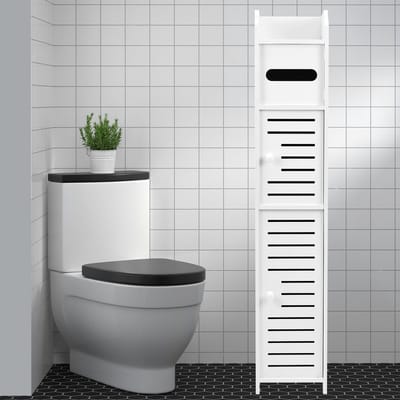 SnelShoppen - Vrijstaande Toiletpapierhouder, Toilethouder met Multifunctionele Opbergruimte, Waterdicht, Hout-Kunststof, 14x15x80 cm, Voor Badkamer,