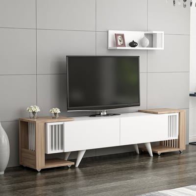 TV meubel - 150x32x41 cm - Eiken & Wit - Inclusief wandplank en 2 bijzettafels