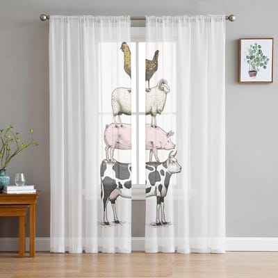 Boerderij Landelijk Dierenthema Tule Gordijnen Woonkamer Keuken Chiffon Gordijn Slaapkamer Balkon Transparant Gordijn Mode Huisdecoratie 135W x 114H(cm) white