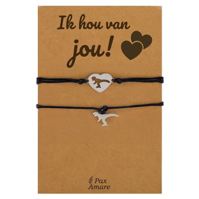 Vriendschapsarmbandjes voor 2 "Ik Hou van Jou" - Dinos - Koppel Armbandjes met Lief Cadeau Kaartje - Zilverkleurig & Zwart - Elastisch Verstelbaar - Pax Amare