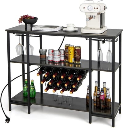 COSTWAY Wijnrek met glazen houder en planken, 3 niveaus, flessenrek met stopcontacten, voor 15 wijnflessen, industriële en vrijstaande wijnkast voor thuis, keuken, bar, 113 x 35 x 85 cm (grijs)